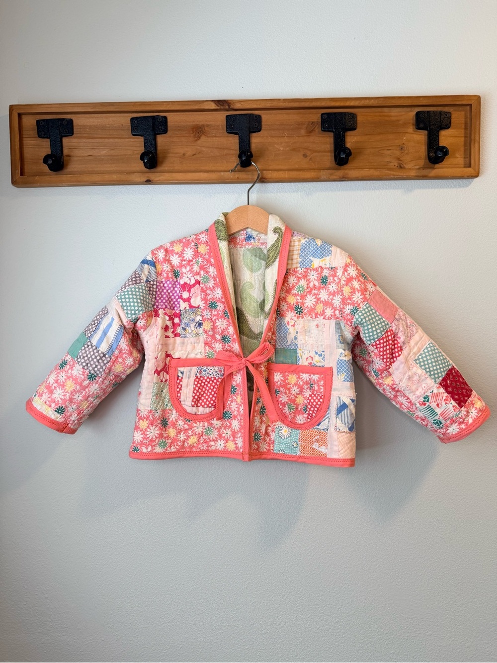 Girls' Pink Patchwork Quilted Jacket - Cute Tie-Front Coat size 2T Feedsack